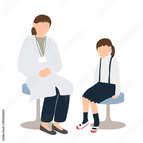 保健室で先生と話をする小学生のイラスト