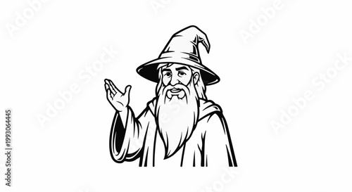 Black and white illustration of a wizard with a long beard and pointed hat