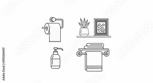 Bathroom icons toilet paper, plant, dispenser, towels, and artwork