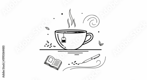 Cozy tea, open book, and pen create a calm, creative scene