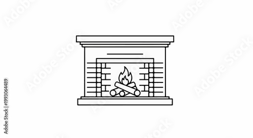 Simple line drawing of a brick fireplace with a glowing fire and logs