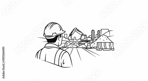 Construction worker observes site with excavators, dirt piles, traffic signals, and barriers