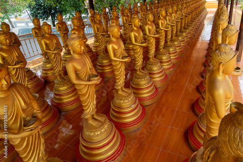 Numerous golden standing Buddha statues holding alms bowls are found in Thai temples.