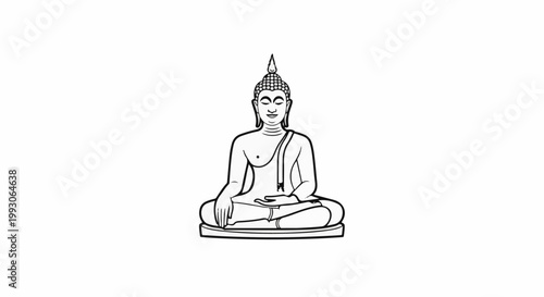 A line drawing depicts a serene Buddha figure in meditation pose
