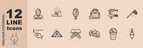 Fishing activity set icon. Line icons with fisherman portrait, angler in boat, hanging scale, tackle box, lure bait, landing net, hooked fish, camping tent, folding chair, landscape lake