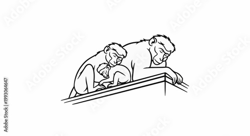 A family of monkeys resting together on a ledge