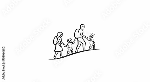 Family hiking up hill carrying backpacks