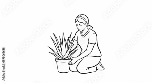 Line drawing of a person tending to a potted plant