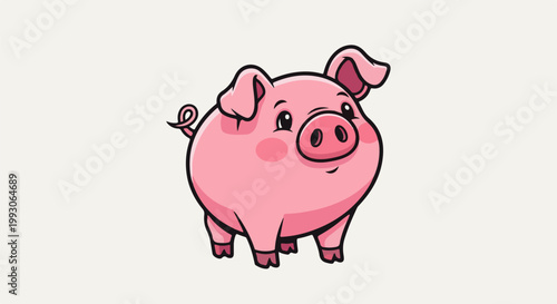 A cute, plump, cartoon pig with a curly tail and rosy cheeks, smiling