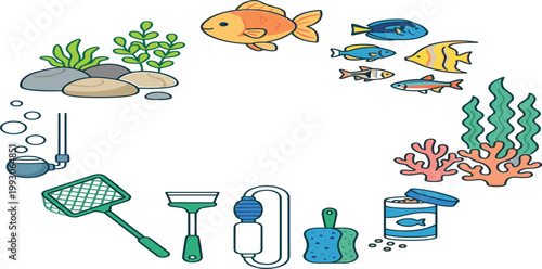 Aquarium Care and Tropical Fish Collection Circle Frame Featuring Goldfish Coral Reef Plants Fish Food Maintenance Tools And Cleaning Equipment Vector Illustration For Pet Shop And Fishkeeping Design