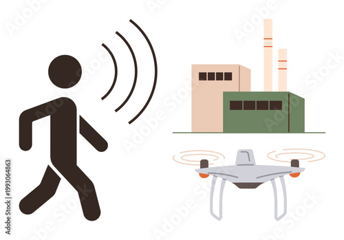 Robotics, industrial automation, surveillance, smart cities, quadcopter missions, logistics. A silhouette, Quadcopter and factory scene illustrate advanced tech connections. Industrial automation