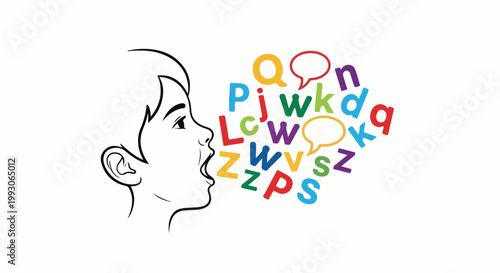 Profile of a child speaking colorful alphabet letters