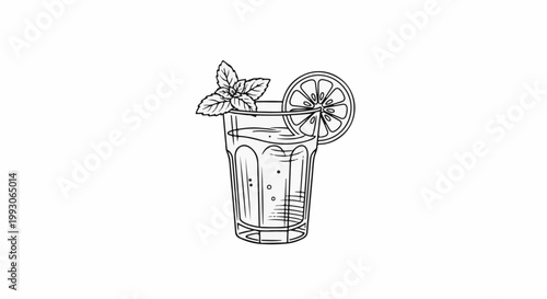 A line drawing of a tall glass of cold beverage with mint and citrus garnish