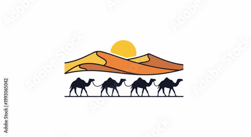 Silhouette of camels walking across sand dunes under a bright sun