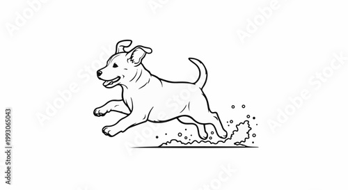 A line art drawing of a happy dog running, kicking up dust and dirt
