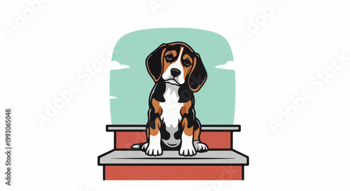 A curious beagle puppy sits patiently on red steps against a pale blue sky