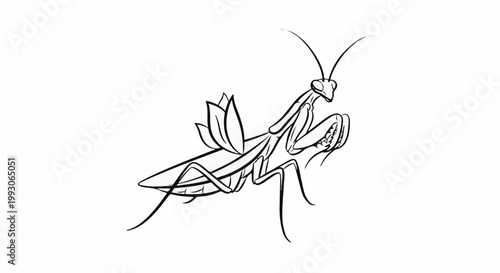 A detailed ink drawing of a praying mantis posed to strike