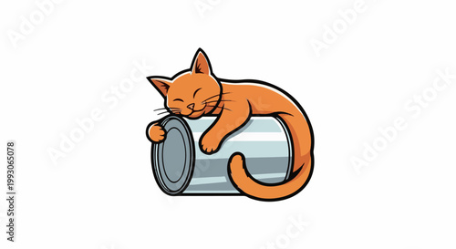 A contented orange cat naps on a cylindrical tin can