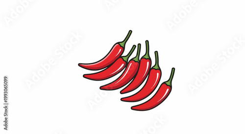 A cluster of six bright red chili peppers with green stems