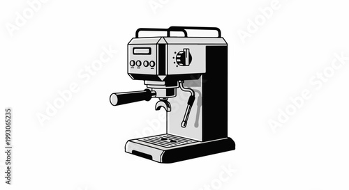 Stylized line art of a chrome espresso machine with black accents