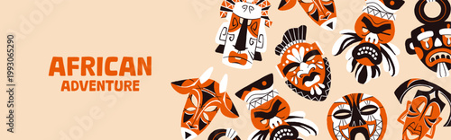 Advertising banner design with different traditional African masks. Promotion template of travel to Africa with ancient idols' faces on layout. Cover with aboriginal masques. Flat vector illustration.