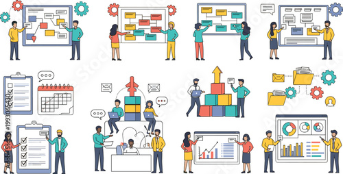 Agile Project Management and Team Collaboration Icon Set with Kanban Board, People, Calendar, Rocket, Charts, and Workflow Elements for Business and Office Designs