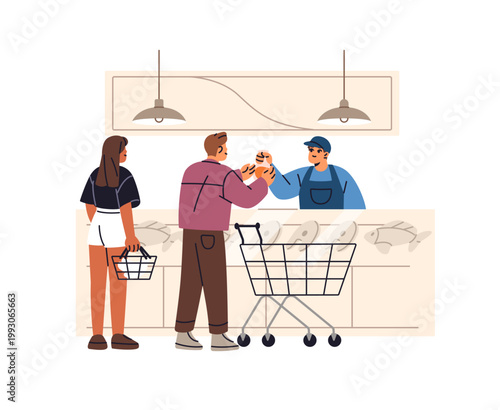People buy food in fish and meat department of supermarket. Customers of grocery store choose products on counter. Buyers with carts take goods back view. Flat isolated vector illustration on white.