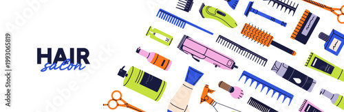 Design of hair salon advertising banner. Promotion template of barbershop with hairdressing items and equipment. Layout with barber tools: razor, comb, scissors, shaver. Flat vector illustration.