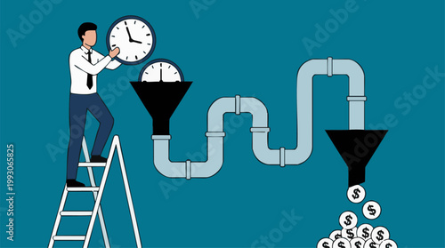 Φωτογραφία Time is money concept with businessman converting clocks into dollar coins