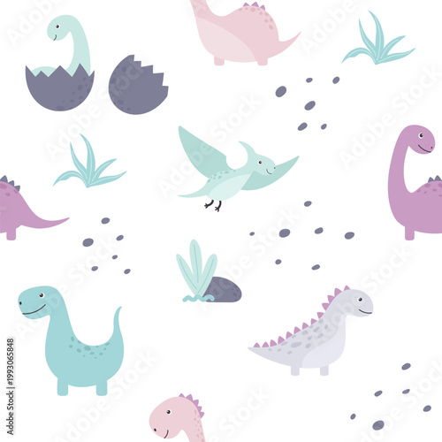 children seamless pattern with cute cartoon dinosaurs pastel color