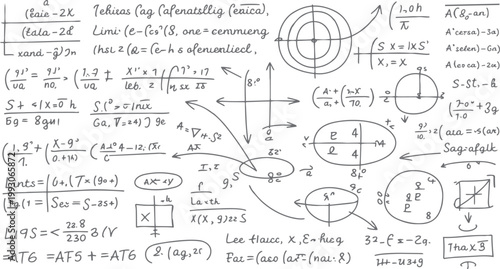 Hand drawn mathematical equations and diagrams on a white background with grey ink mathematics formula