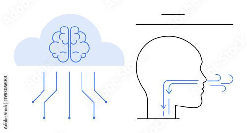 Artificial intelligence, cloud computing, respiratory health, technology innovation, data transfer, medical science. ion of a brain in a cloud and airflow in a human head. AI and respiratory health