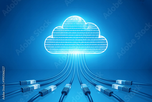 A glowing cloud icon with cables connected to it represents cloud computing and data storage