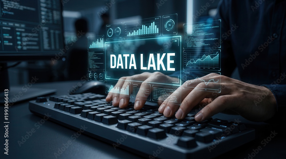 Naklejka premium Hands typing on a keyboard with a digital data lake concept overlaid in a futuristic interface.