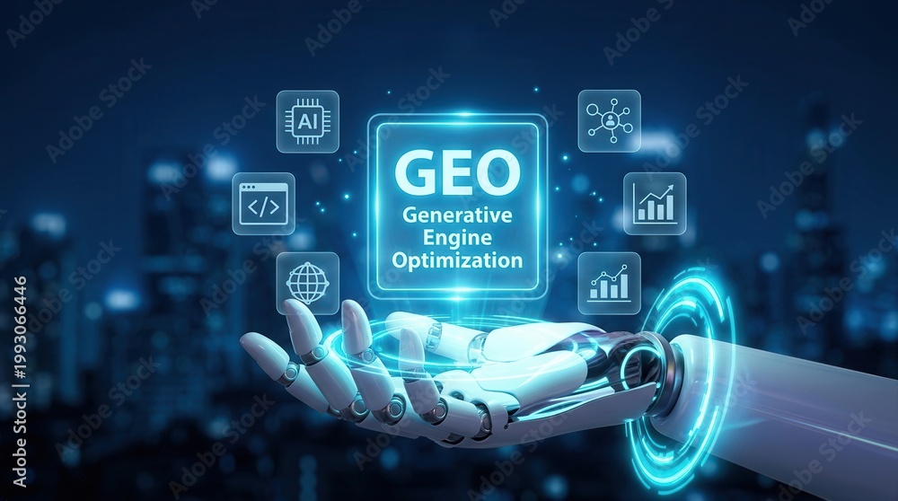 Obraz premium Digital marketing concept featuring GEO strategy and optimizing content for AI search engines.
