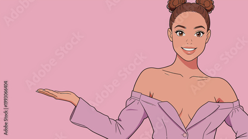 Young Woman with Buns and Off-Shoulder Outfit
