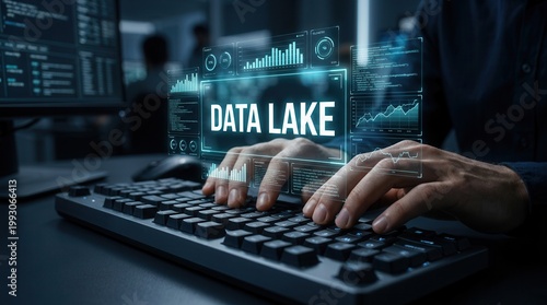 Hands typing on a keyboard with a digital data lake concept overlaid in a futuristic interface.