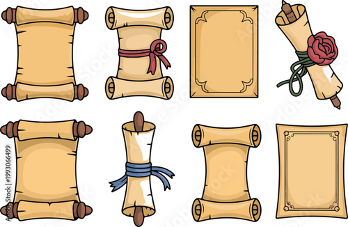 Obraz na plátně Set of vintage paper scrolls and ancient parchment frames in cartoon style with