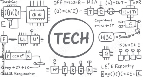 Hand drawn schematic diagrams and equations with the word t e c h in a circle technology tech circuit