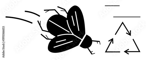 Waste management, recycling efforts, eco-awareness, pest control, waste cleanliness, graphic design. Black silhouette of a fly with arrows forming a recycling symbol and abstract lines. Recycling