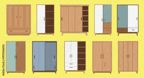 Collection of colorful wooden wardrobes in various styles and designs