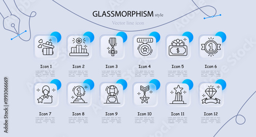 Business achievement set icon. Gift box reward, winner podium, medal ribbon, quality stamp, bonus payment, first place badge, employee star, leadership award, global trophy, honor medal