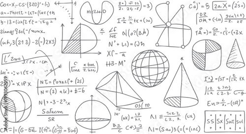 Hand drawn mathematical equations geometric shapes and diagrams on white background mathematics formula