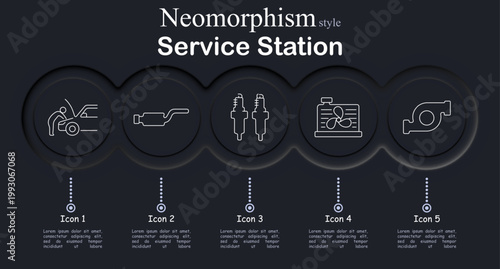Service station set icon. Neomorphic dark interface circles with line symbols of mechanic checking car engine, exhaust pipe muffler, spark plug pair, car radiator cooling fan, engine turbo component