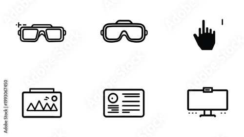 Essential Tech Elements: A collection of stylized tech icons, including virtual reality goggles, a cursor, a monitor, an image, and a user interface.