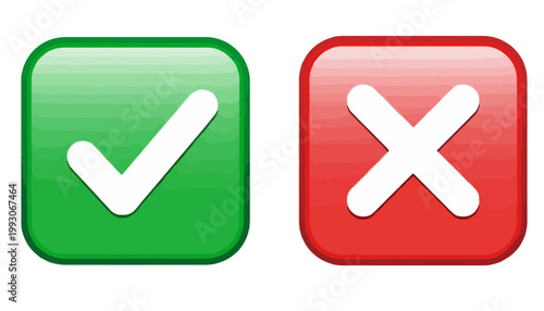 Vector icons of green checkmark and red cross on for approval and rejection concepts