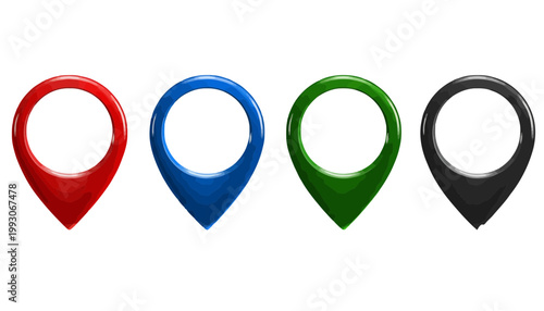 Colorful map pin icons in red, blue, green, and black on a for navigation and location purposes