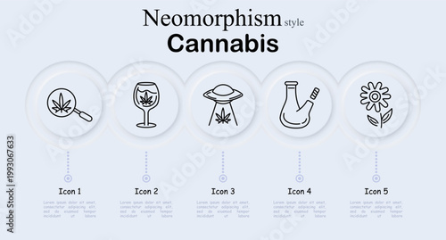 Cannabis culture set icon. Magnifier marijuana leaf, wine glass infusion, flying saucer alien symbol, glass bong pipe, hemp flower plant, cannabis lifestyle, herbal substance, smoking culture