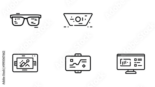 Tech Gadgets Line Icons: An assortment of modern tech gadgets, illustrated with crisp, clean lines, presents the evolution of technological innovation.