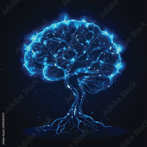 A digital illustration of a glowing tree representing the connection between nature and intelligence.